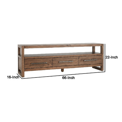 BENZARA Jax 66 Inch Rustic Wood Entertainment Console, 3 Drawers, 1 Shelf, Brown - BM283462