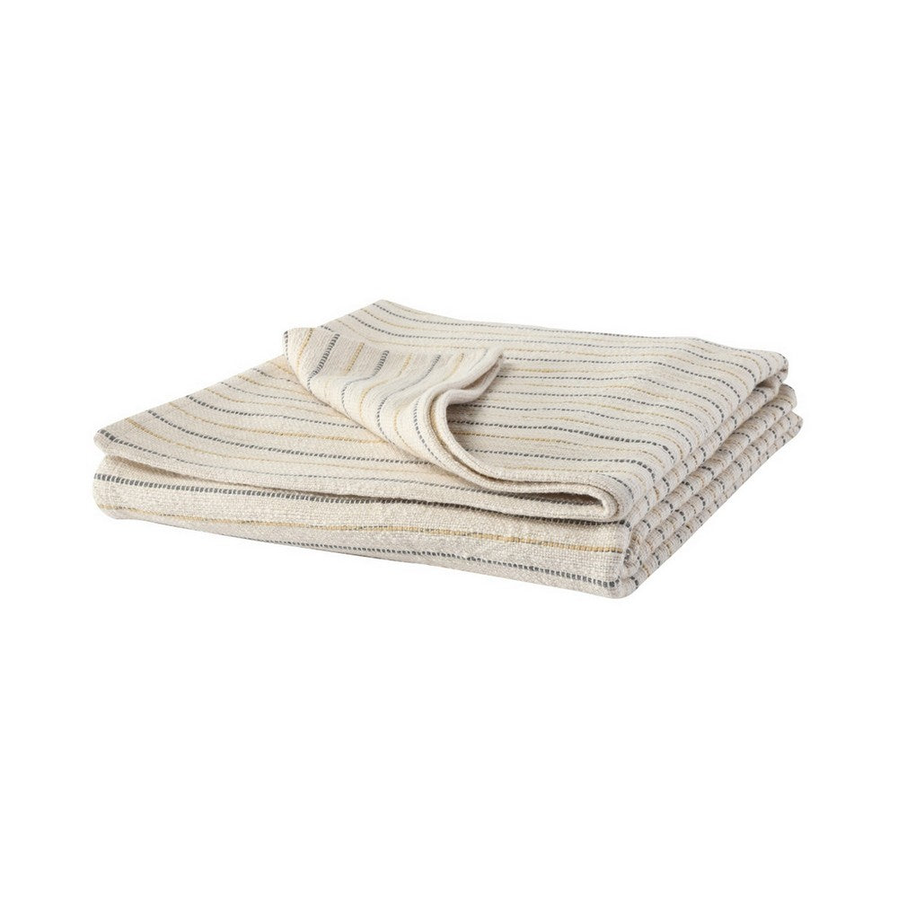 BENZARA 70 Inch Extra Soft Cotton Throw Blanket, Yarn Dyed Striped Design, Cream - BM283639