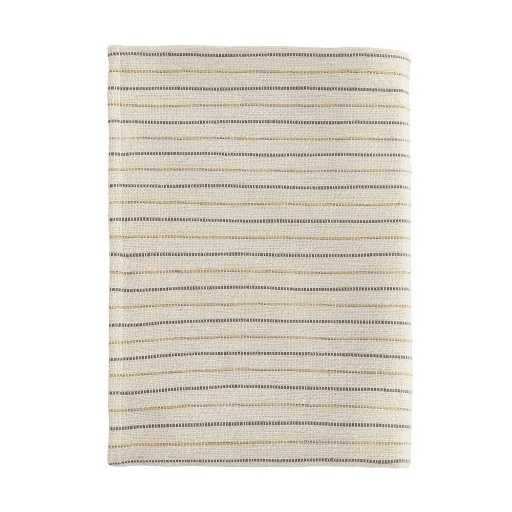 BENZARA 70 Inch Extra Soft Cotton Throw Blanket, Yarn Dyed Striped Design, Cream - BM283639