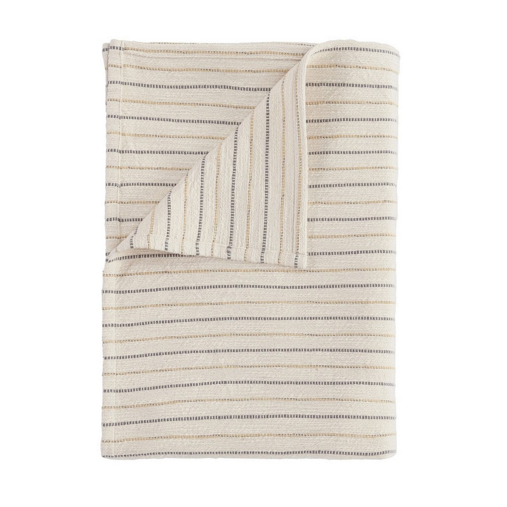 BENZARA 70 Inch Extra Soft Cotton Throw Blanket, Yarn Dyed Striped Design, Cream - BM283639