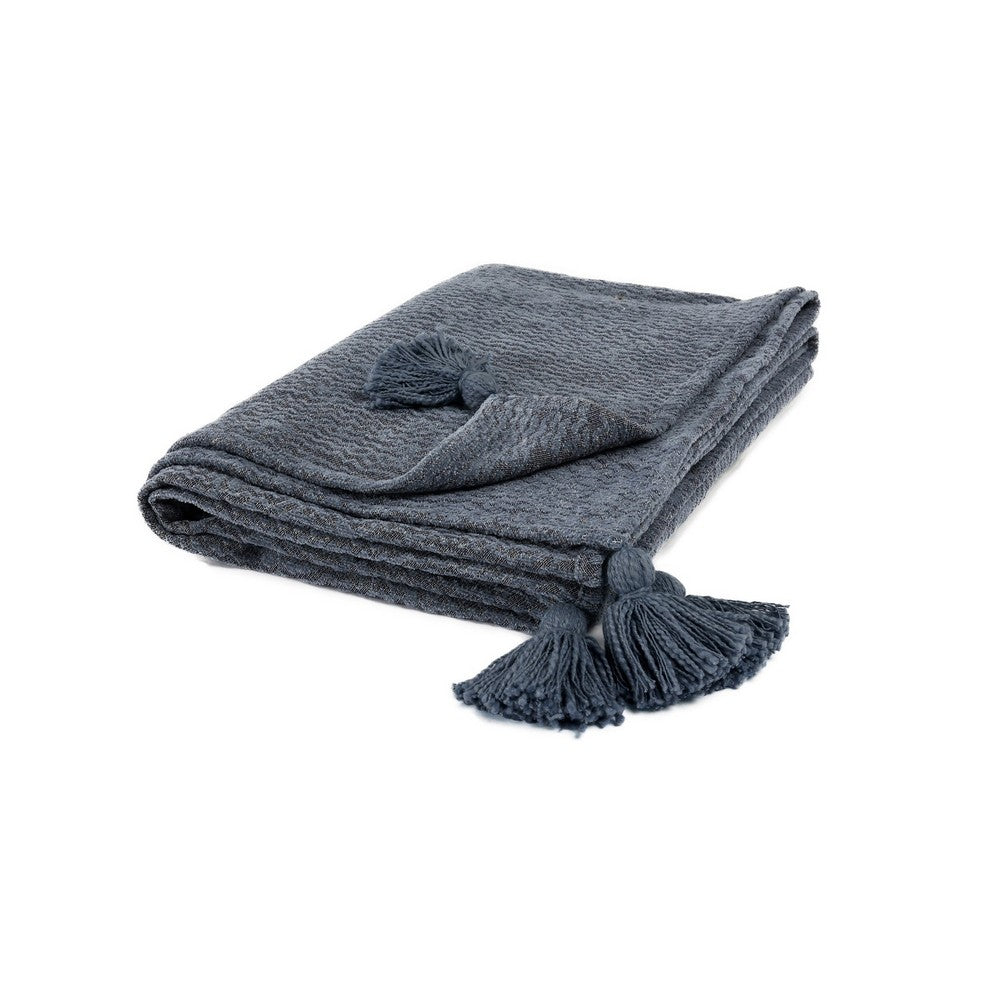 BENZARA 70 Inch Cotton Throw Blanket, Woven Textured Pattern, Tassels, Heather Gray - BM283640