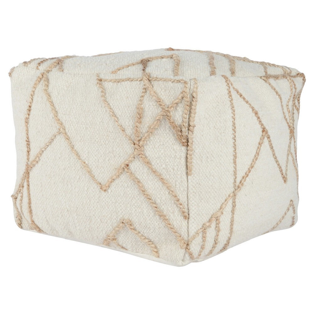 BENZARA 18 Inch Square Cube Accent Pouf, Woven Abstract Jute Embroidery, Off White - BM283641