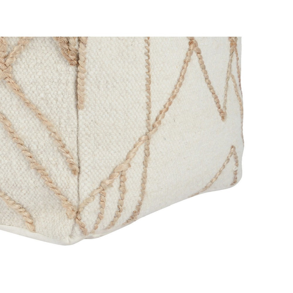 BENZARA 18 Inch Square Cube Accent Pouf, Woven Abstract Jute Embroidery, Off White - BM283641