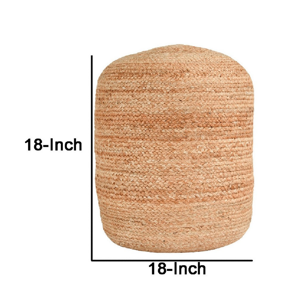 BENZARA 18 Inch Round Accent Pouf, Soft Braided Jute Design, Natural Cream Orange - BM283647