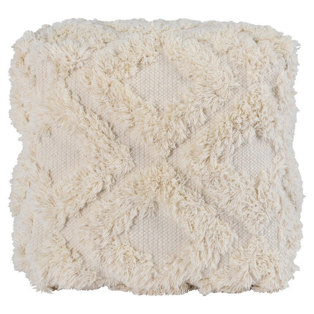 BENZARA 24 Inch Cotton Accent Pouf, Handwoven Textured Geometric Shag, Off White - BM283648