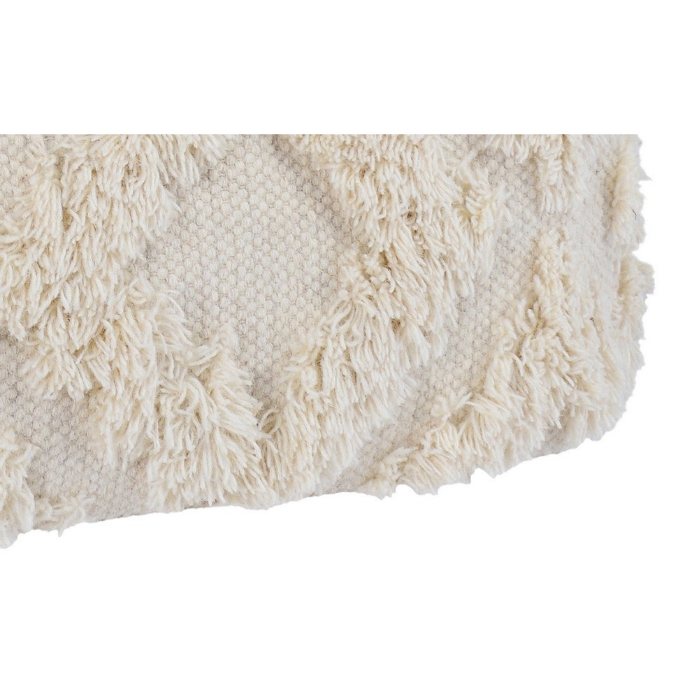 BENZARA 24 Inch Cotton Accent Pouf, Handwoven Textured Geometric Shag, Off White - BM283648