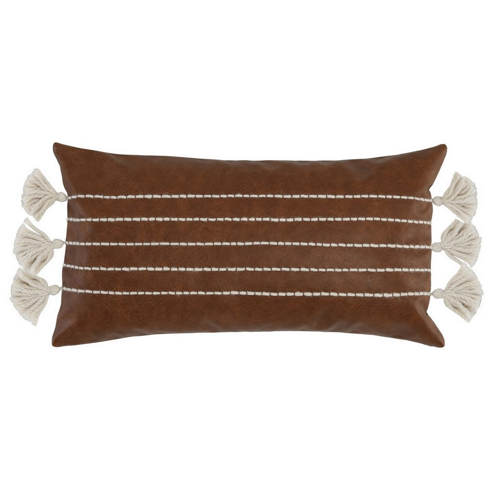 BENZARA Karen 14 x 26 Lumbar Throw Pillow, Tassels, Dark Brown with White Stripes - BM283650