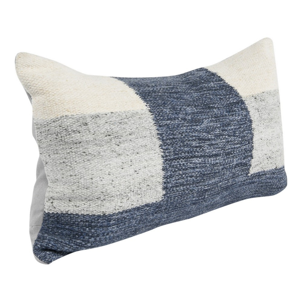 BENZARA 14 x 26 Lumbar Accent Throw Pillow, Color Block Pattern, Blue, Gray, White - BM283666