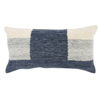 BENZARA 14 x 26 Lumbar Accent Throw Pillow, Color Block Pattern, Blue, Gray, White - BM283666