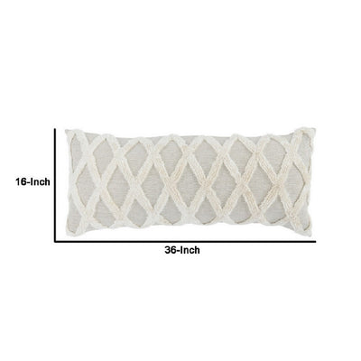 BENZARA 16 x 36 Lumbar Linen Accent Throw Pillow, Tufted Diamonds, Ivory White - BM283668