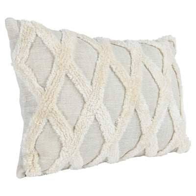 BENZARA 14 x 20 Lumbar Linen Accent Throw Pillow, Tufted Diamond Pattern, Ivory - BM283678