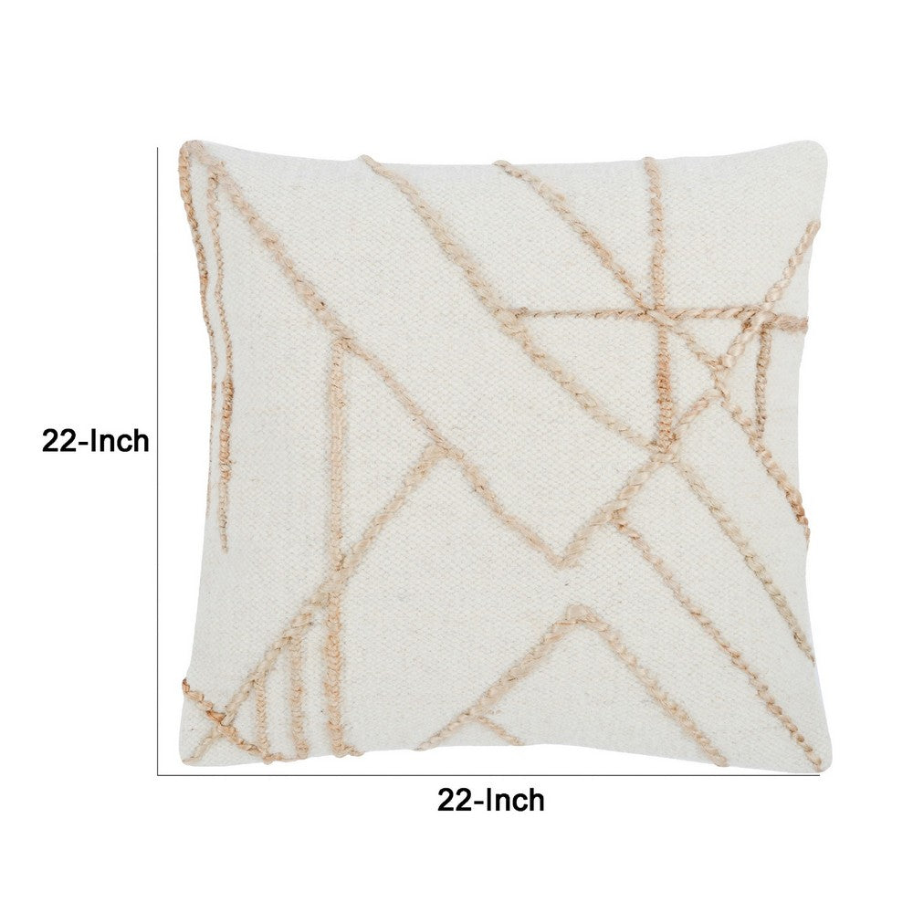 BENZARA 22 Inch Square Accent Throw Pillow, Jute Geometric Patterns, Wool, Ivory - BM283683