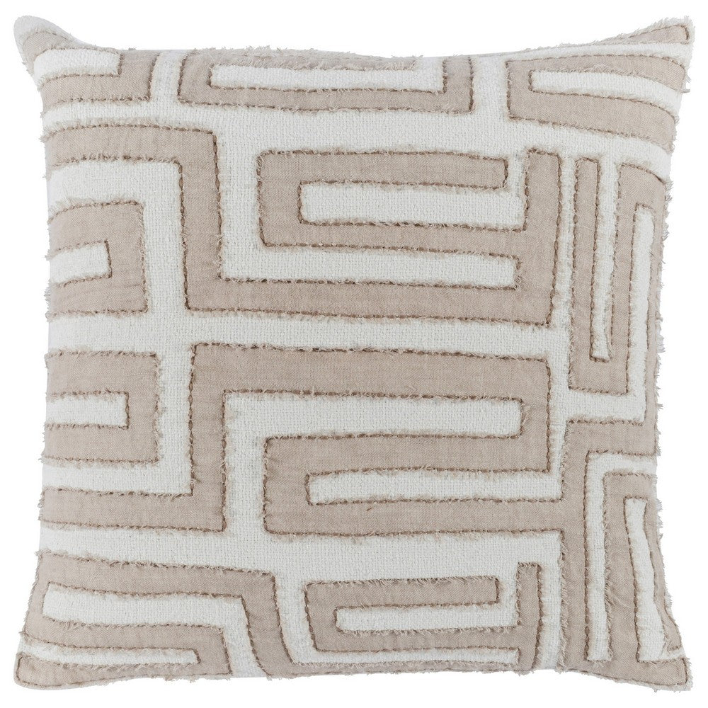 BENZARA 22 x 22 Throw Pillow, Hand Stitched Applique and Hidden Zipper, Ivory Beige - BM283692