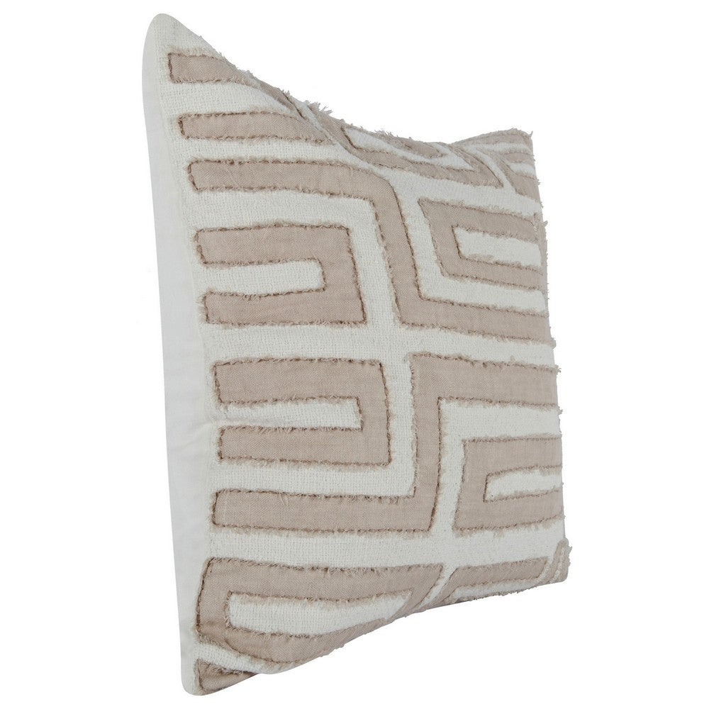 BENZARA 22 x 22 Throw Pillow, Hand Stitched Applique and Hidden Zipper, Ivory Beige - BM283692