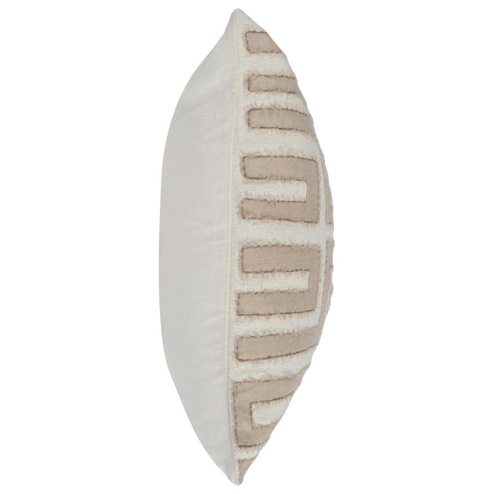 BENZARA 22 x 22 Throw Pillow, Hand Stitched Applique and Hidden Zipper, Ivory Beige - BM283692