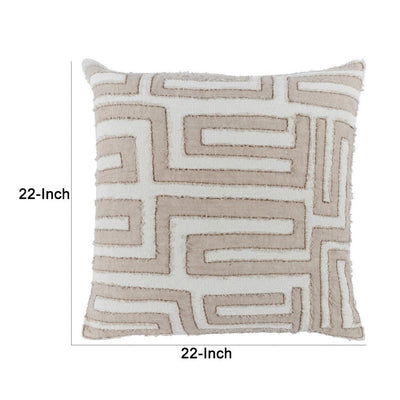 BENZARA 22 x 22 Throw Pillow, Hand Stitched Applique and Hidden Zipper, Ivory Beige - BM283692