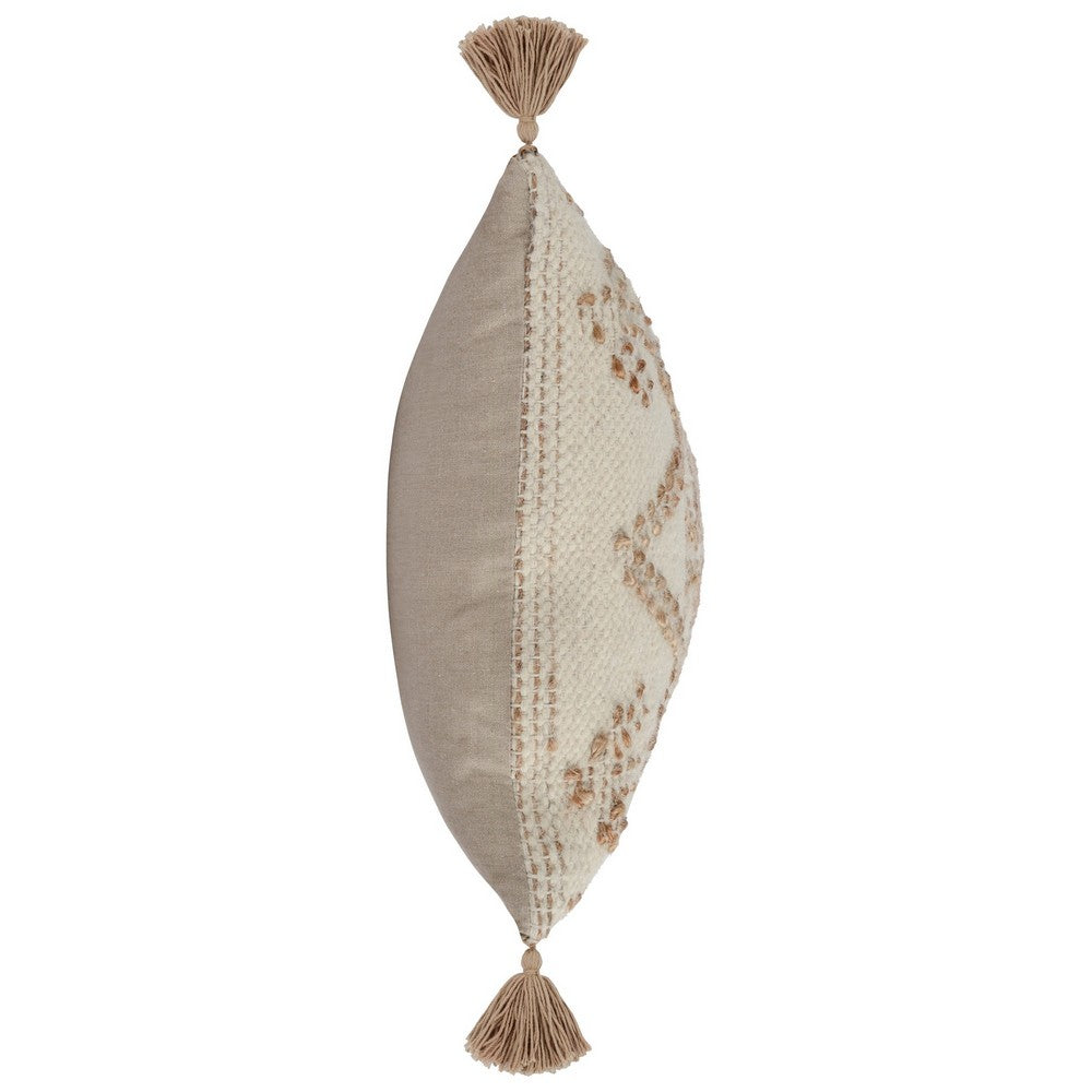 BENZARA 16 x 36 Lumbar Throw Pillow, Diamond Jute Cotton Cover, Tassels, Brown - BM283697