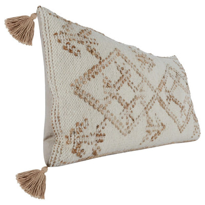 BENZARA 16 x 36 Lumbar Throw Pillow, Diamond Jute Cotton Cover, Tassels, Brown - BM283697