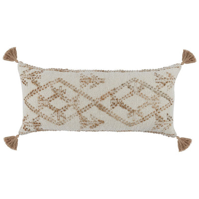 BENZARA 16 x 36 Lumbar Throw Pillow, Diamond Jute Cotton Cover, Tassels, Brown - BM283697