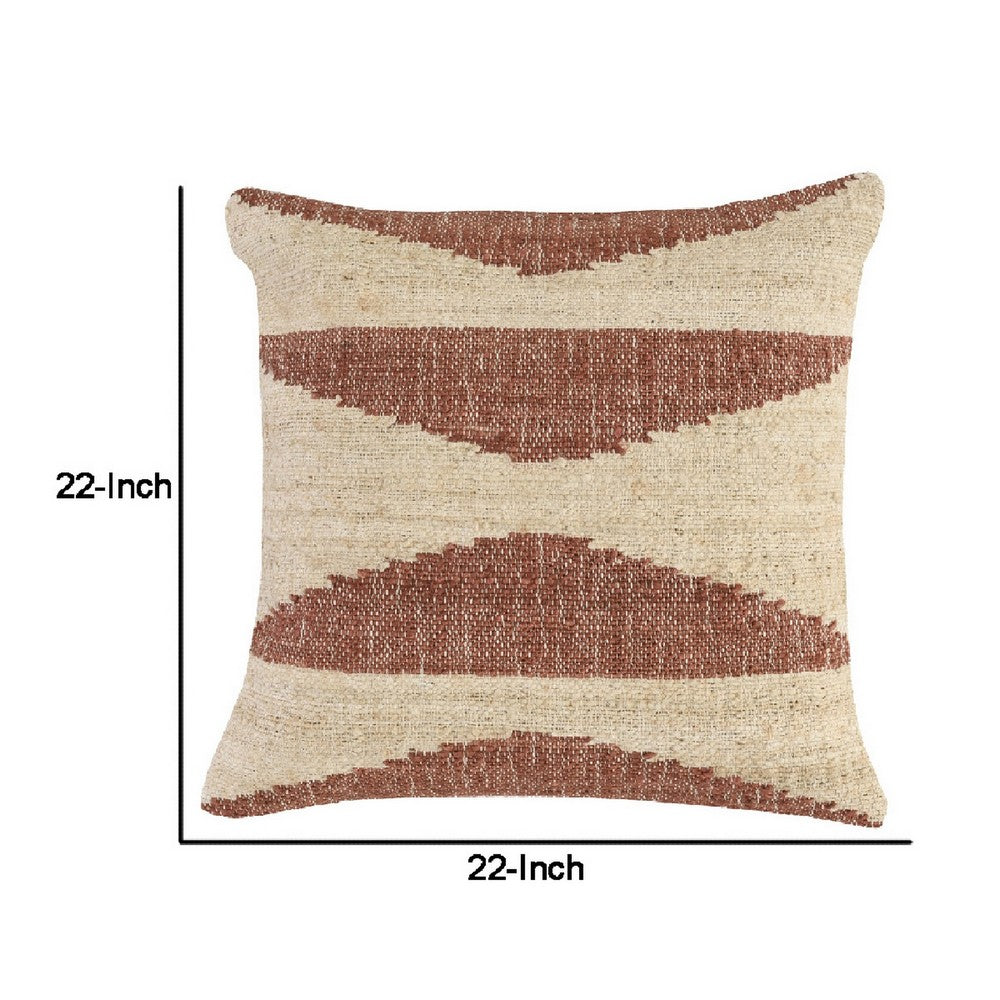 BENZARA Henry 22 Inch Square Fabric Accent Throw Pillow, Geometric Design, Beige - BM283706