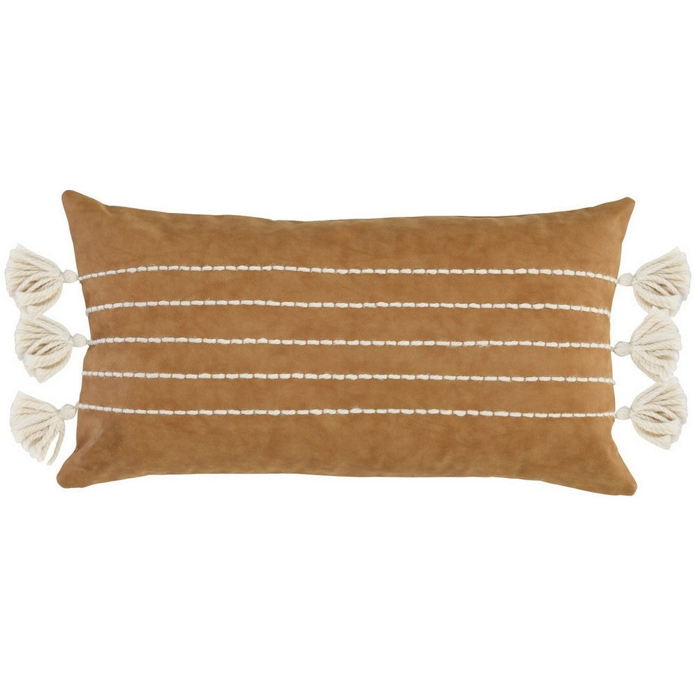 BENZARA Karen 14 x 26 Lumbar Throw Pillow, Tassels, Light Brown with White Stripes - BM283711