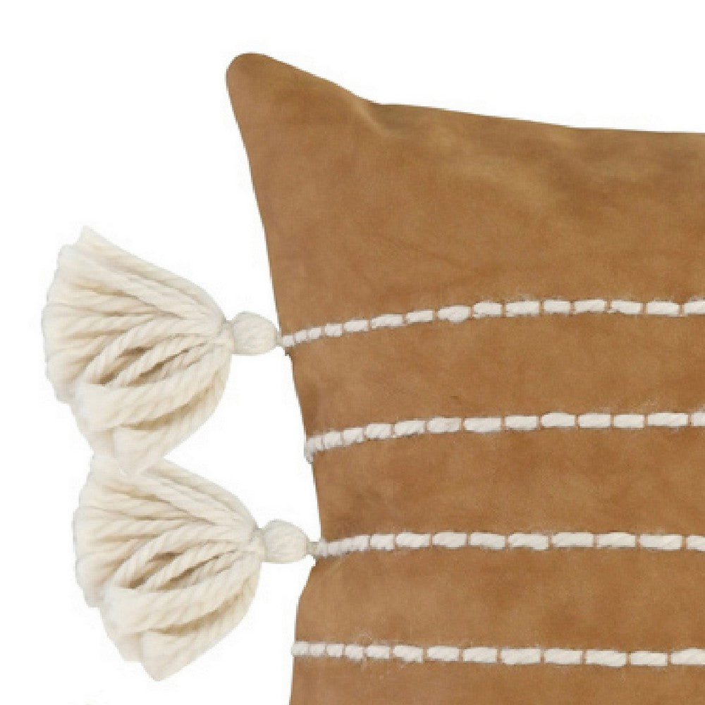 BENZARA Karen 14 x 26 Lumbar Throw Pillow, Tassels, Light Brown with White Stripes - BM283711