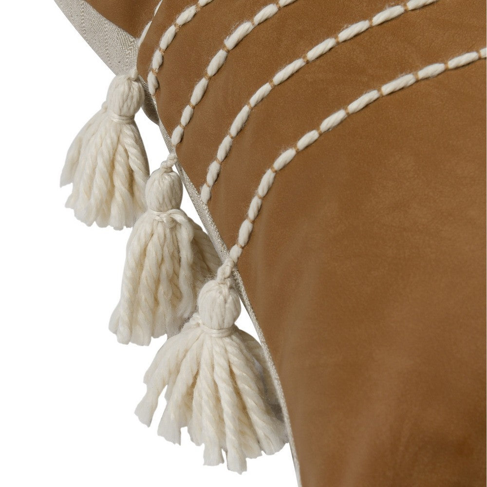 BENZARA Karen 14 x 26 Lumbar Throw Pillow, Tassels, Light Brown with White Stripes - BM283711