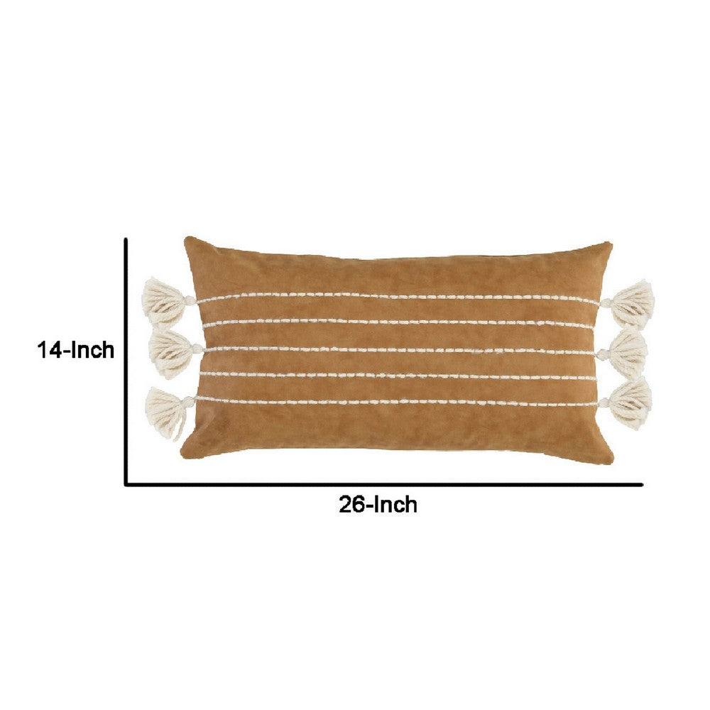 BENZARA Karen 14 x 26 Lumbar Throw Pillow, Tassels, Light Brown with White Stripes - BM283711