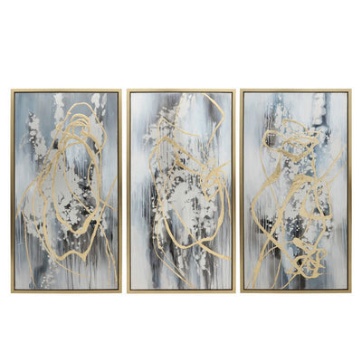 BENZARA 22 x 42 Canvas Wall Art, Abstract Luxury Paint Design, Set of 3, Gold, Gray - BM283743