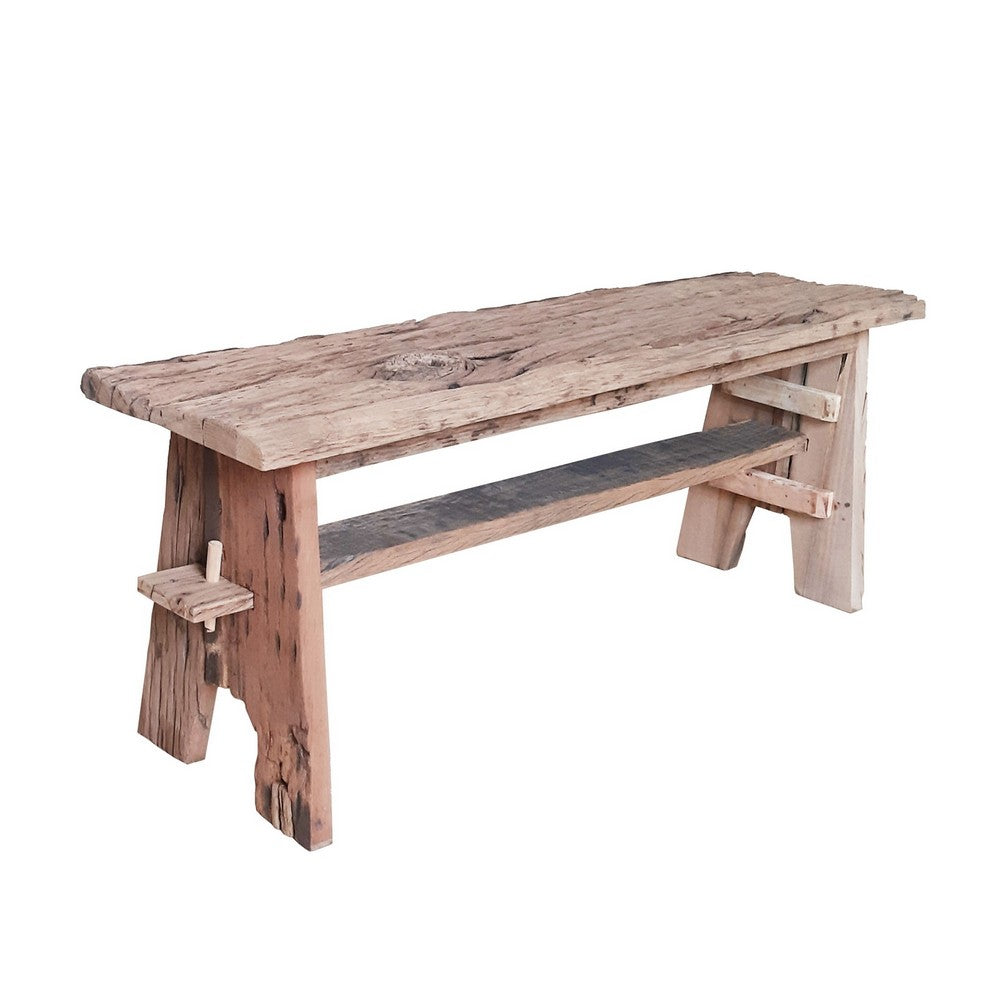 BENZARA Ally 47 Inch Accent Dining Bench, Farmhouse Wood Sawhorse Base, Brown - BM284910