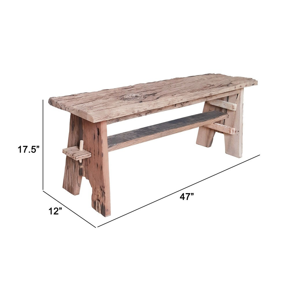 BENZARA Ally 47 Inch Accent Dining Bench, Farmhouse Wood Sawhorse Base, Brown - BM284910