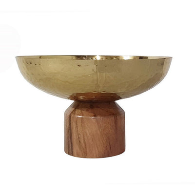 BENZARA Roe 10 Inch Medium Acacia Wood Table Bowl, Steel, Decorative, Gold, Brown - BM284951