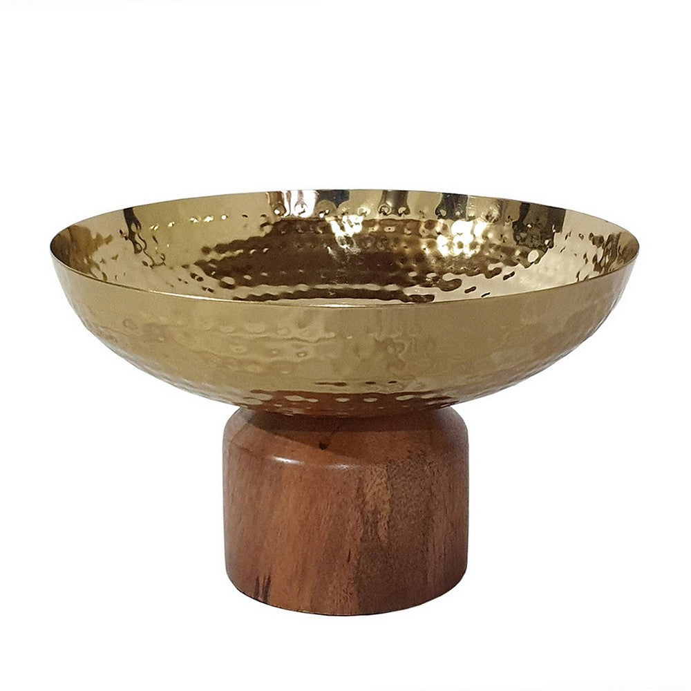 BENZARA Roe 8 Inch Small Acacia Wood Table Bowl, Steel, Decorative, Gold and Brown - BM284952