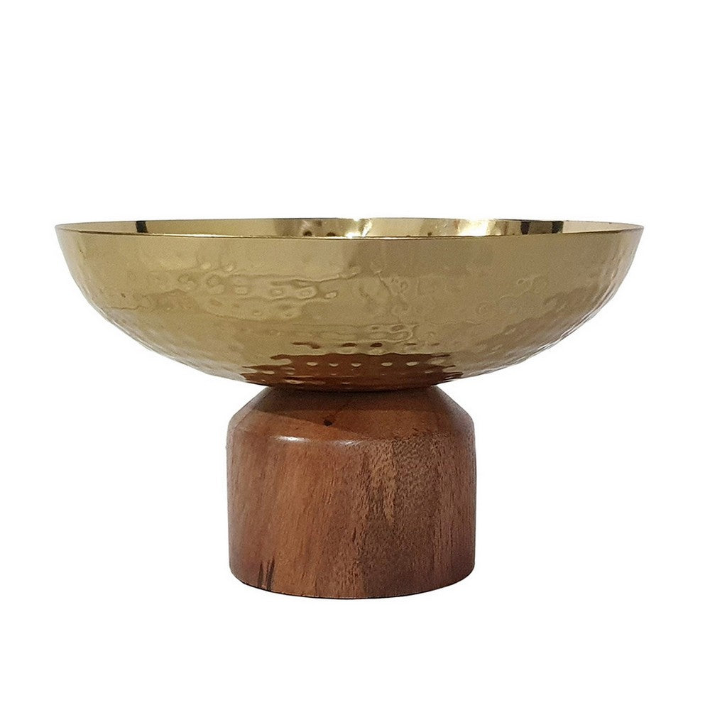 BENZARA Roe 8 Inch Small Acacia Wood Table Bowl, Steel, Decorative, Gold and Brown - BM284952