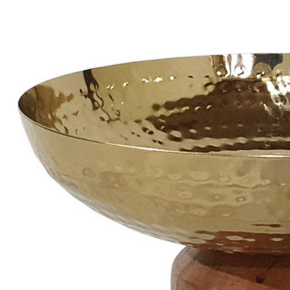 BENZARA Roe 8 Inch Small Acacia Wood Table Bowl, Steel, Decorative, Gold and Brown - BM284952