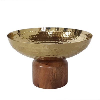 BENZARA Roe 8 Inch Small Acacia Wood Table Bowl, Steel, Decorative, Gold and Brown - BM284952