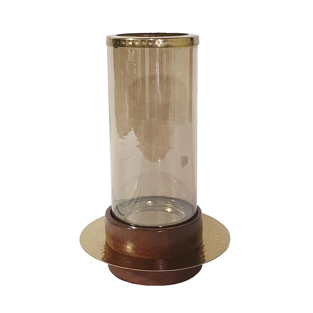 BENZARA 11 Inch Glass Hurricane Candle Holder, Acacia Wood, Small, Gold FInish - BM284962