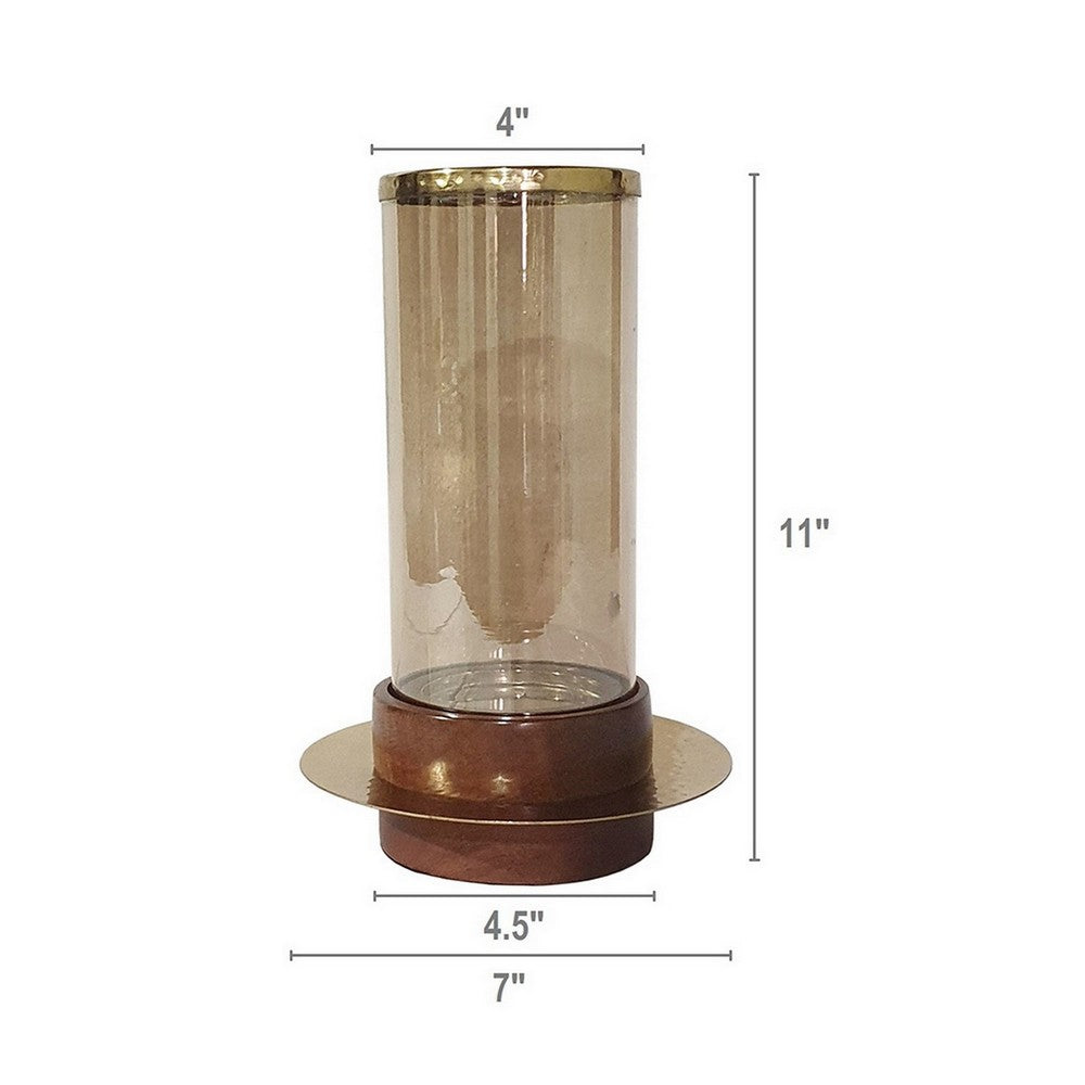 BENZARA 11 Inch Glass Hurricane Candle Holder, Acacia Wood, Small, Gold FInish - BM284962