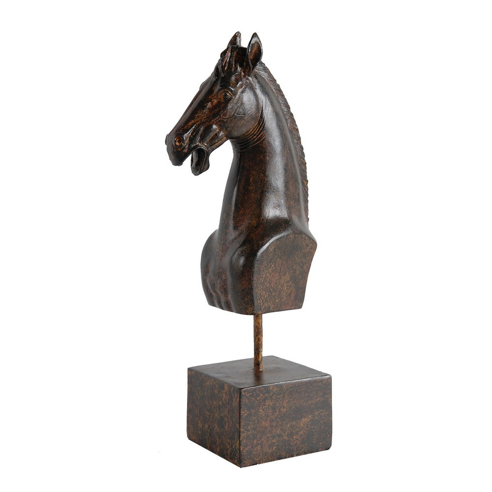 BENZARA Don 11 Inch Horse Bust Statuette, Tabletop Accent Decor, Brown Resin, Metal - BM284973