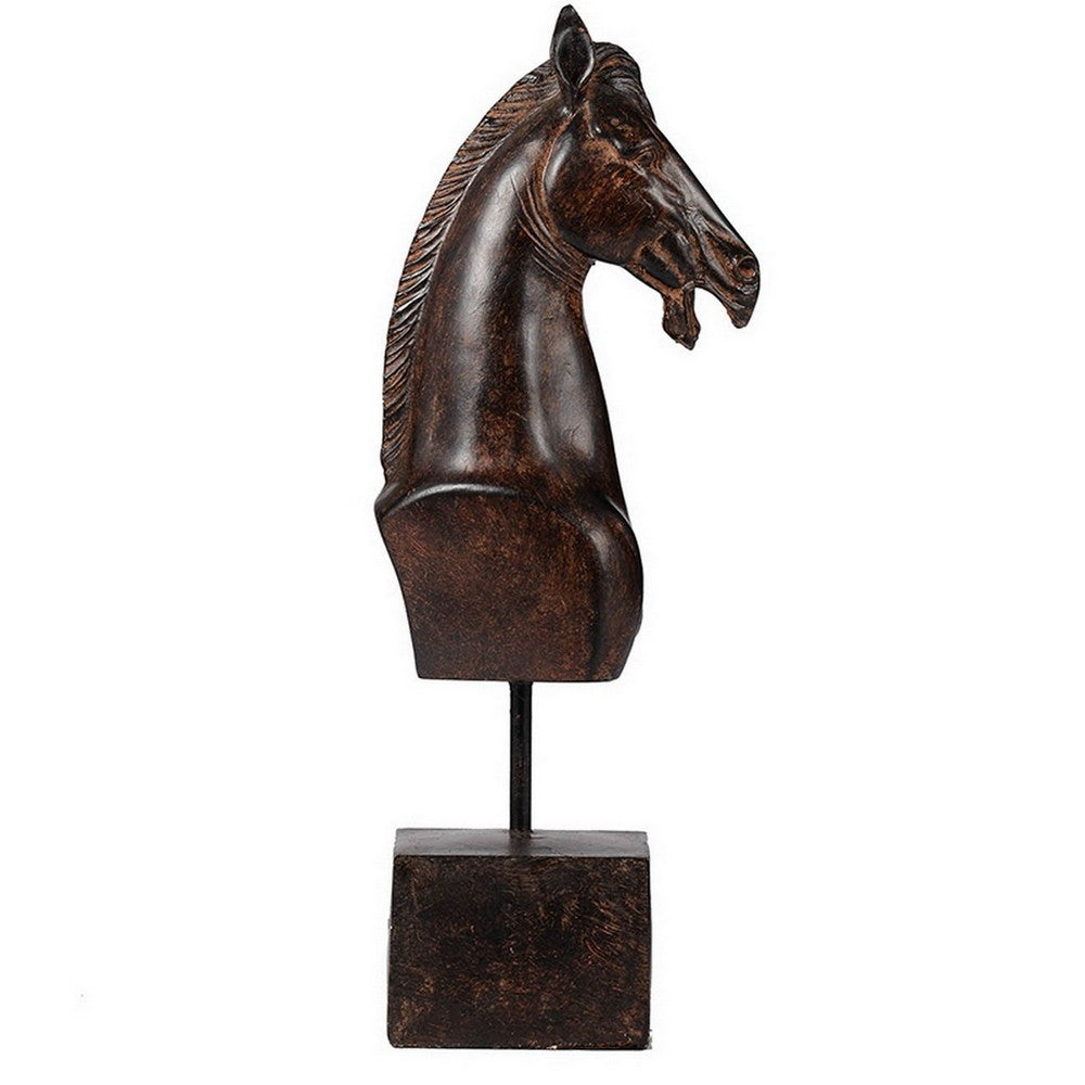 BENZARA Don 11 Inch Horse Bust Statuette, Tabletop Accent Decor, Brown Resin, Metal - BM284973