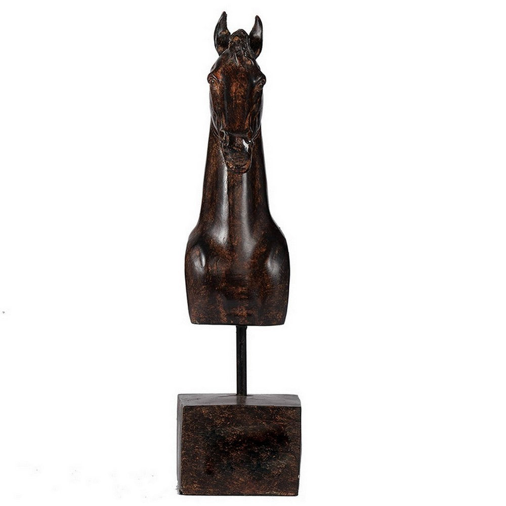 BENZARA Don 11 Inch Horse Bust Statuette, Tabletop Accent Decor, Brown Resin, Metal - BM284973