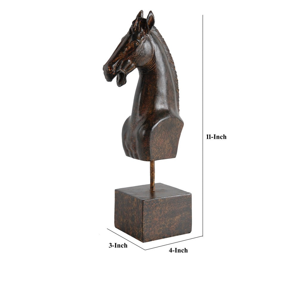 BENZARA Don 11 Inch Horse Bust Statuette, Tabletop Accent Decor, Brown Resin, Metal - BM284973