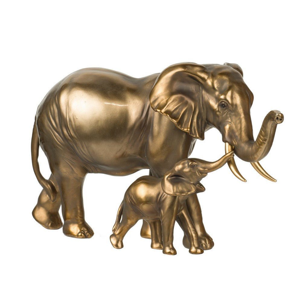 BENZARA Don 12 Inch Elephant and Baby Statuette, Table Accent Decor, Gold Polyresin - BM284978