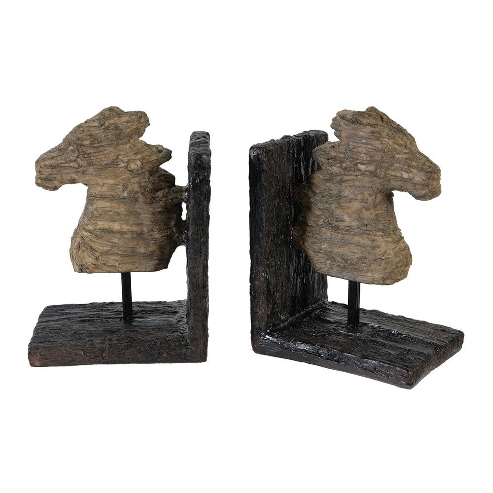 BENZARA Ari Set of 2 Classic Bookends, Horse Bust, Polyresin, Metal, Brown, Black - BM284982