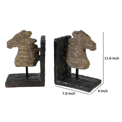 BENZARA Ari Set of 2 Classic Bookends, Horse Bust, Polyresin, Metal, Brown, Black - BM284982