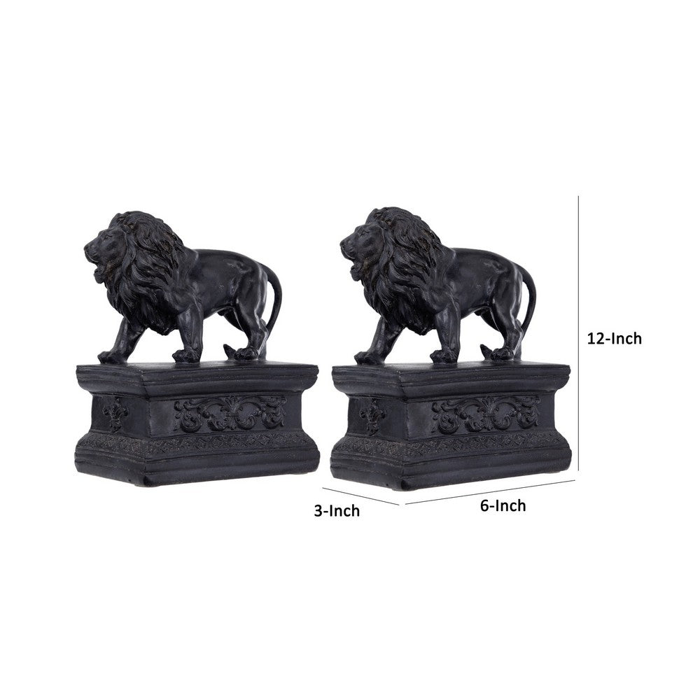 BENZARA Ari Set of 2 Classic Bookends, Lion Statuette Figurines, Glossy Black Resin - BM284983