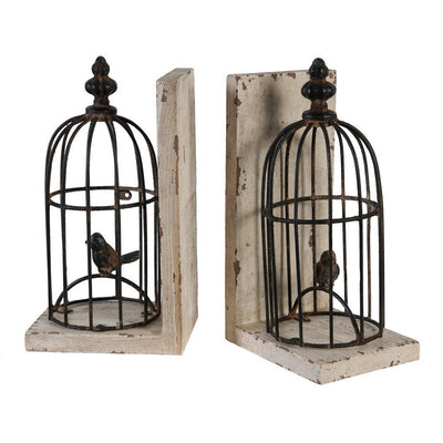 BENZARA Ari Set of 2 Classic Bookends, Birdcage, Iron and Fir Wood, Black, Brown - BM284986