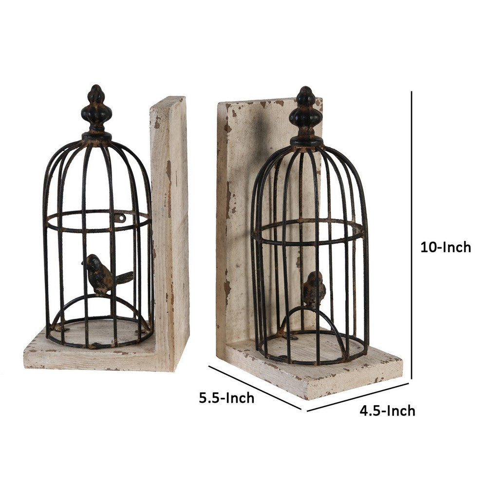 BENZARA Ari Set of 2 Classic Bookends, Birdcage, Iron and Fir Wood, Black, Brown - BM284986