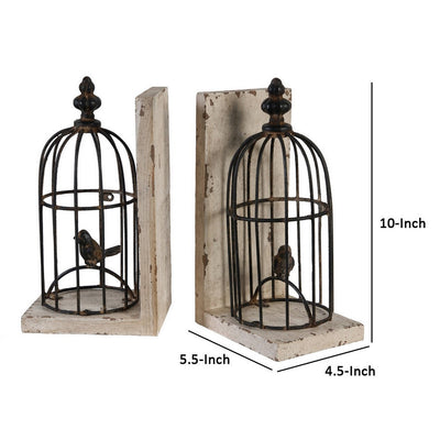 BENZARA Ari Set of 2 Classic Bookends, Birdcage, Iron and Fir Wood, Black, Brown - BM284986