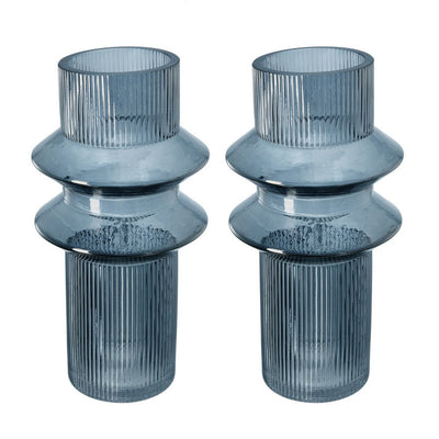 BENZARA Rae Set of 2 Glass Vases, Tall Round Cylinders, Smokey Blue, Clear Finish - BM284992